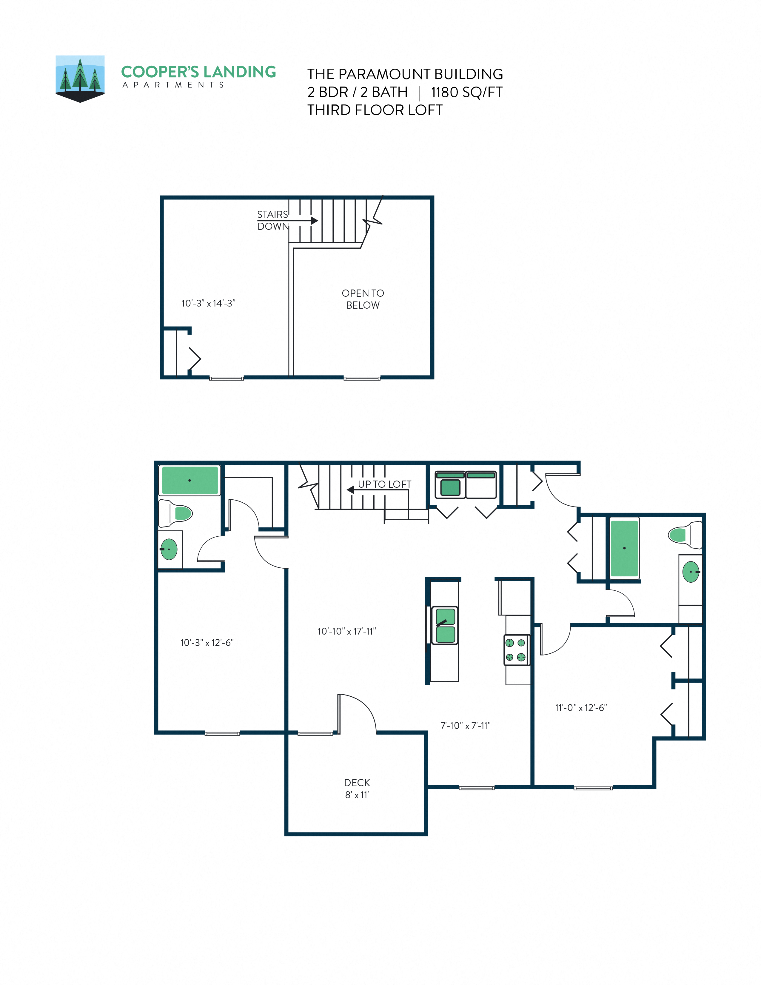 Floor plan for 2 beds, 2 baths, 1180 sqft